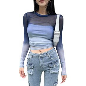 OYOANGLE Women's Mesh Sheer Ombre Long Sleeve Drawstring Side Ruched Slim Fit Crop Tee Shirt Tops