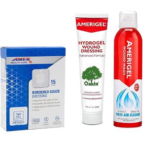 AMERIGEL Total First Aid Bundle - 1 oz. Hydrogel Wound Dressing, 7.1 oz. Saline Wound Wash, 2x2 Bordered Gauze Dressing