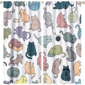 Cartoon Cat Rod Pocket Blackout Curtains for Living Room,Noise Reduction Abstract Colorful Lovely Animals Cat Theme Bedroom Curtains,2 Panels 45L x 21W