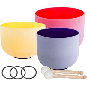 Colored Frosted Chakra set of 3 PCS 12" C, 10" E 7" A Quartz Crystal Singing Bowls mallet and o-ring included