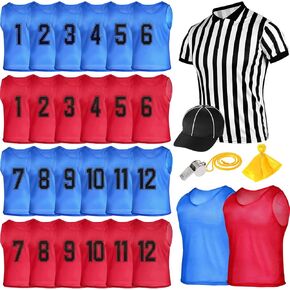 28 Pcs Scrimmage Training Vest Numbered Sports Pinnies Striped Referee Costume Set Soccer Team Practice Jersey Vest Bids Ref Shirt Hat Flag Whistle for Kids Youth Adults Basketball Soccer Sport