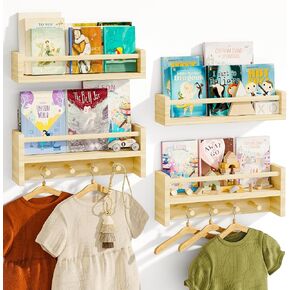 Fixwal Nursery Book Shelves, Set of 4, 16.5 Inch Floating Wall Bookshelves for Kids Room, Solid Wood Shelves with Wooden Hooks for Books, Toys and Decor Storage (White) in Saudi Arabia