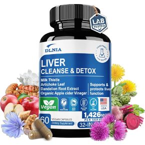 32 in 1 Liver Cleanse Detox & Repair Formula with Apple Cider Vinegar, Milk Thistle Supplement, Artichoke, Dandelion Root Supplement - Non-GMO & Vegan Herbal Liver Support & Repair Supplement