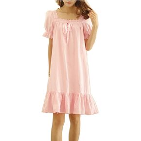 Qikegoods 100percent Cotton Victorian Nightgown Short-Sleeve women Nightdress Pajamas Sleep Shirt