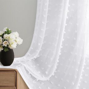 White Sheer Curtains 84 Inches Long for Kids Bedroom Light Filtering Back Tab Curtains Pom Pom Boho Curtains for Living Room Aesthetic Semi Sheer Curtains,52x84,2 Panels,White
