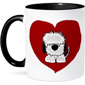 3dRose Fun Old English Sheepdog Puppy Dog Heart Love Mug, 11 oz, Black/White/Red
