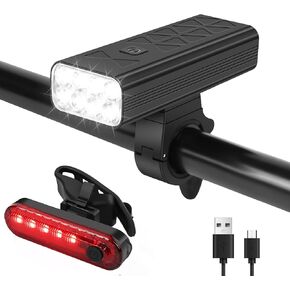 Bright Bike Light Set, Bicycle Front Headlight and Back Taillight, 8 LED 1000 Lumen and 9600mAh USB Rechargeable Bicycle Headlight, 5 Light Modes Front Light and 4 Modes Taillight