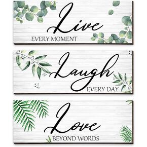 3 Pieces Live Laugh Love Wooden Sign Eucalyptus Leaves Wall Sign Farmhouse Botanical Leaf Sign Green Plants Hanging Wood Plaque Family Quotes Rustic House Wall Decor for Home Living Room Decoration