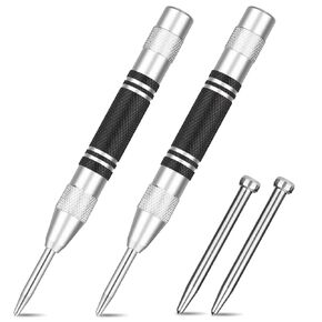 2Pcs Automatic Center Punch, 5" Premium Steel Spring Loaded Center Hole Punch, Adjustable Spring Impact Force Center Marker Tools for Wood, Plastic, Glassls（Two punches included）