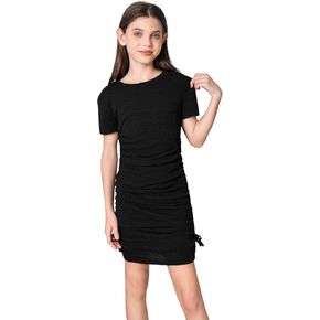 SOLY HUX Girl's Ruched Drawstring Side Bodycon Dress Short Sleeve Round Neck Summer Short Dresses