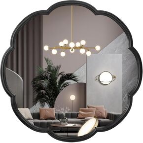 24" Black Mirrors for Wall, Flower Pattern Scalloped Decorative Accent Wall Mounted Mirror, Round Metal Frame Hanging Vanity Mirror Decor for Bathroom, Entryway, Bedroom