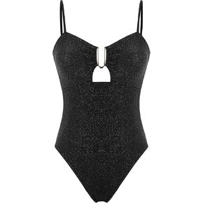ZAFUL Women's One Piece Swimsuit Metallic Shiny Metal U-Wire Bathing Suit Sparkly Cut Out Tie Back Glitter High Cut Swimwear
