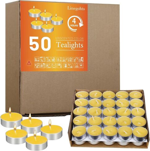 50 Pack Unscented Tea Lights - 4+ Hour Burn Time - Clean-Burning Palm Votive Smokeless Tealights Candles for Home, Shabbat & Anniversaries (Yellow) in Saudi Arabia
