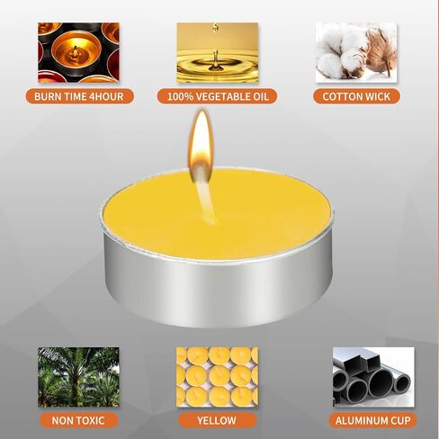 50 Pack Unscented Tea Lights - 4+ Hour Burn Time - Clean-Burning Palm Votive Smokeless Tealights Candles for Home, Shabbat & Anniversaries (Yellow) in Saudi Arabia