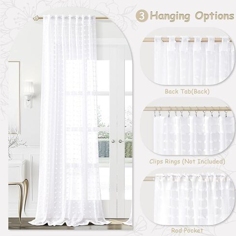White Sheer Curtains 84 Inches Long for Kids Bedroom Light Filtering Back Tab Curtains Pom Pom Boho Curtains for Living Room Aesthetic Semi Sheer Curtains,52x84,2 Panels,White in Saudi Arabia