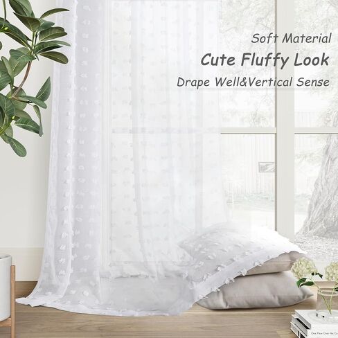 White Sheer Curtains 84 Inches Long for Kids Bedroom Light Filtering Back Tab Curtains Pom Pom Boho Curtains for Living Room Aesthetic Semi Sheer Curtains,52x84,2 Panels,White in Saudi Arabia