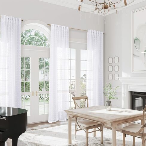 White Sheer Curtains 84 Inches Long for Kids Bedroom Light Filtering Back Tab Curtains Pom Pom Boho Curtains for Living Room Aesthetic Semi Sheer Curtains,52x84,2 Panels,White in Saudi Arabia