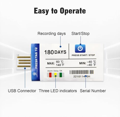 مسجل بيانات درجة الحرارة USB، -40 درجة فهرنهايت ~ 140 درجة فهرنهايت مسجل درجة الحرارة للاستخدام الفردي مع تقرير PDF CSV، 30000 قراءة عالية الدقة 180 يومًا لنقل السلسلة الباردة، عبوة واحدة، علامة جديدة 1U in Kuwait