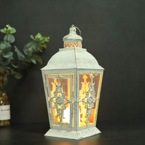 فانوس شموع مزخرف من JHY DESIGN - حامل شموع معدني عالي 13 بوصة أو فانوس معلق على الطراز العتيق للمناسبات الداخلية والخارجية وحفلات الزفاف (أبيض مع فرشاة ذهبية) in Kuwait