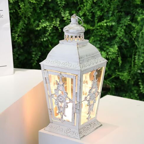 فانوس شموع مزخرف من JHY DESIGN - حامل شموع معدني عالي 13 بوصة أو فانوس معلق على الطراز العتيق للمناسبات الداخلية والخارجية وحفلات الزفاف (أبيض مع فرشاة ذهبية) in Kuwait