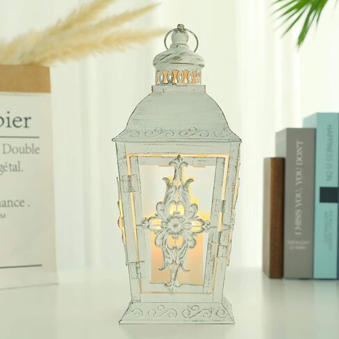 فانوس شموع مزخرف من JHY DESIGN - حامل شموع معدني عالي 13 بوصة أو فانوس معلق على الطراز العتيق للمناسبات الداخلية والخارجية وحفلات الزفاف (أبيض مع فرشاة ذهبية) in Kuwait