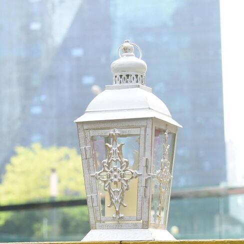 فانوس شموع مزخرف من JHY DESIGN - حامل شموع معدني عالي 13 بوصة أو فانوس معلق على الطراز العتيق للمناسبات الداخلية والخارجية وحفلات الزفاف (أبيض مع فرشاة ذهبية) in Kuwait