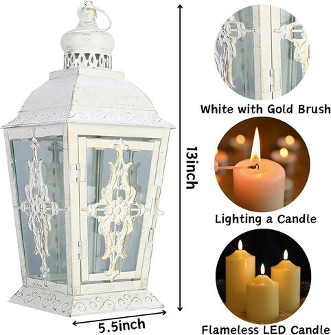 فانوس شموع مزخرف من JHY DESIGN - حامل شموع معدني عالي 13 بوصة أو فانوس معلق على الطراز العتيق للمناسبات الداخلية والخارجية وحفلات الزفاف (أبيض مع فرشاة ذهبية) in Kuwait
