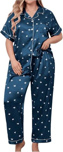 OYOANGLE Women's 2 Piece Plus Size Heart Printed Silk Satin Pajama Set Short Sleeve Shirt and Pants Lounge Sets in Saudi Arabia