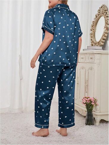OYOANGLE Women's 2 Piece Plus Size Heart Printed Silk Satin Pajama Set Short Sleeve Shirt and Pants Lounge Sets in Saudi Arabia