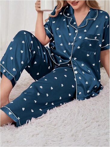 OYOANGLE Women's 2 Piece Plus Size Heart Printed Silk Satin Pajama Set Short Sleeve Shirt and Pants Lounge Sets in Saudi Arabia