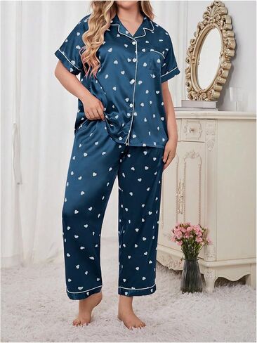 OYOANGLE Women's 2 Piece Plus Size Heart Printed Silk Satin Pajama Set Short Sleeve Shirt and Pants Lounge Sets in Saudi Arabia