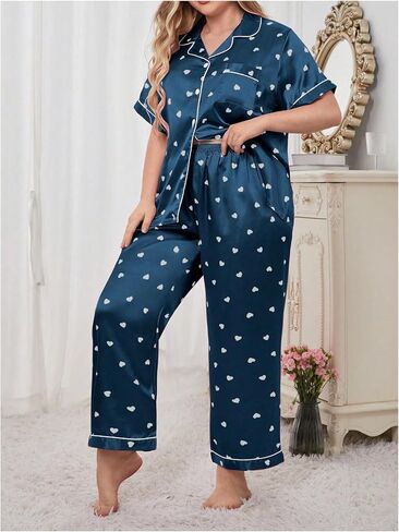 OYOANGLE Women's 2 Piece Plus Size Heart Printed Silk Satin Pajama Set Short Sleeve Shirt and Pants Lounge Sets in Saudi Arabia
