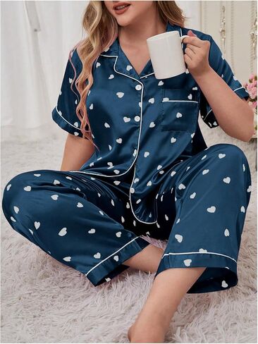 OYOANGLE Women's 2 Piece Plus Size Heart Printed Silk Satin Pajama Set Short Sleeve Shirt and Pants Lounge Sets in Saudi Arabia
