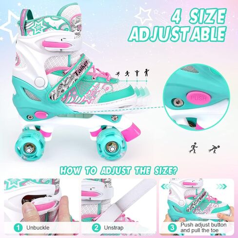 زلاجات تايكر للبنات والأولاد والأطفال الصغار، 4 مقاسات زلاجات دوارة قابلة للتعديل للأطفال في الهواء الطلق وداخل المنزل مع عجلات مضيئة، مقاس 11C إلى 7Y in Kuwait