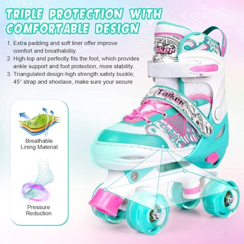 زلاجات تايكر للبنات والأولاد والأطفال الصغار، 4 مقاسات زلاجات دوارة قابلة للتعديل للأطفال في الهواء الطلق وداخل المنزل مع عجلات مضيئة، مقاس 11C إلى 7Y in Kuwait