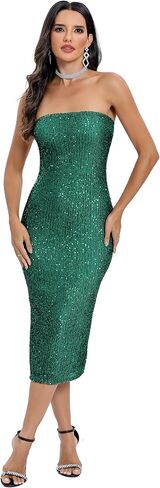Capuffy Women Strapless Sequin Club Midi Dress Sleeveless Tube High Waist Dress Sparkly Glitter Sequin Bodycon Party Dress 77 in Saudi Arabia