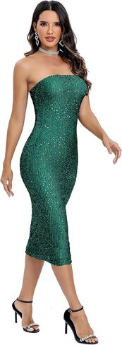 Capuffy Women Strapless Sequin Club Midi Dress Sleeveless Tube High Waist Dress Sparkly Glitter Sequin Bodycon Party Dress 77 in Saudi Arabia