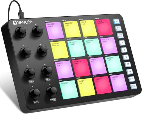 آلة Vangoa Beat Maker مع 16 وسادة RGB، وحدة تحكم طبلة USB متوسطة السرعة لاسلكية 8 مقابض، آلة ضرب بعد اللمس مع تكرار الملاحظات للمبتدئين في إنتاج الموسيقى، Daw، Mac، PC، Ipad in Kuwait