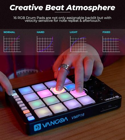Vangoa Beat Maker Machine with 16 RGB Pads, Wireless USB Midi Velocity Drum Pad Controller 8 Knobs, Aftertouch Beating Machine with Note Repeat for Music Production Beginners, Daw, Mac, PC, Ipad in Kuwait