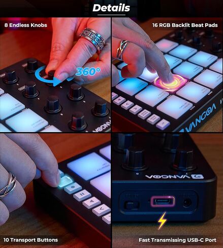 Vangoa Beat Maker Machine with 16 RGB Pads, Wireless USB Midi Velocity Drum Pad Controller 8 Knobs, Aftertouch Beating Machine with Note Repeat for Music Production Beginners, Daw, Mac, PC, Ipad in Kuwait