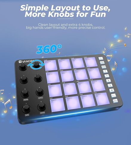 Vangoa Beat Maker Machine with 16 RGB Pads, Wireless USB Midi Velocity Drum Pad Controller 8 Knobs, Aftertouch Beating Machine with Note Repeat for Music Production Beginners, Daw, Mac, PC, Ipad in Kuwait