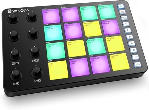 آلة Vangoa Beat Maker مع 16 وسادة RGB، وحدة تحكم طبلة USB متوسطة السرعة لاسلكية 8 مقابض، آلة ضرب بعد اللمس مع تكرار الملاحظات للمبتدئين في إنتاج الموسيقى، Daw، Mac، PC، Ipad in Kuwait
