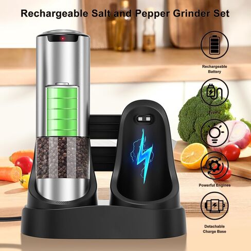 Electric Salt and Pepper Grinder Set, Type-C Rechargeable Automatic Salt Pepper Shakers Mill Grinder, One Hand Operation, Adjustable Coarseness, LED Light, Kitchen, Restaurant, Outdoor in Saudi Arabia