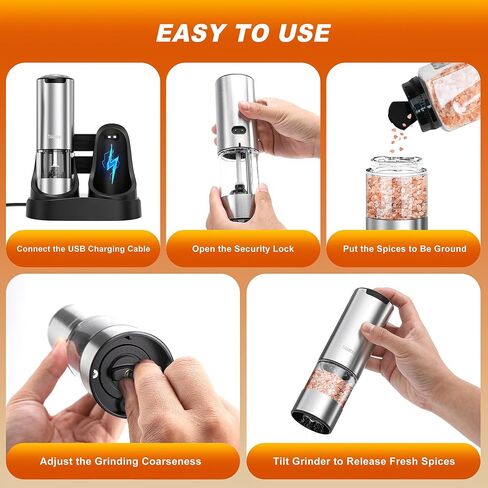 Electric Salt and Pepper Grinder Set, Type-C Rechargeable Automatic Salt Pepper Shakers Mill Grinder, One Hand Operation, Adjustable Coarseness, LED Light, Kitchen, Restaurant, Outdoor in Saudi Arabia