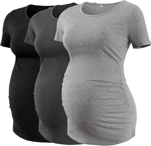 Ecavus 3 حزمة قمصان الأمومة النسائية قصيرة الأكمام مضلع تونك القمم مغرفة الرقبة عارضة الحمل تي شيرت in Kuwait