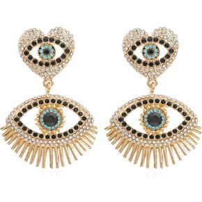 Evil Eye Earrings-Statement Heart Crystal Drop Earrings for Women, Big Dangle Earrings