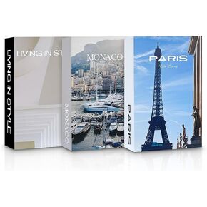 ‌Cortegé Malibu Set of 3 Faux Books - Faux Book Decor for Coffee Table - Decorative Book Boxes for Home, Office - Fake Book Box Set with Monaco, Paris, Living in Style Titles - Chic Table Decorations