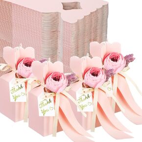 TaoBary 50 Pcs Bridal Shower DIY Wedding Favors Candy Boxes with Ribbon and Flower Flower Party Favor Boxes for Engagement, Wedding Decorations (Pink)