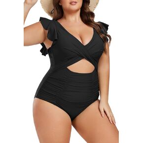 Women's Plus Size One Piece Swimsuit Tummy Control V Neck Bathing Suit Cutout Ruffle Swimwear