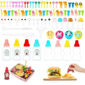 78 Pcs Lunch Box Accessories,8 PCS Mini Condiment Squeeze Ketchup Bottle Food Picks with Clean Brush Funnel Accessories for Ketchup, Liquids, Sauces Syrup